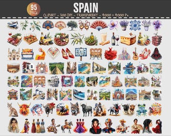 Pacote de Clipart da Espanha: Cultura Espanhola, Conjunto PNG, Viagens, Pontos Turísticos, Gastronomia, Flamenco, Arquitetura, 300 DPI