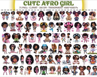 May include: A collection of 75 PNG clipart images featuring cute Afro girls in various poses and outfits. The images are transparent and suitable for digital design projects. The text "CUTE AFRO GIRL" is at the top.