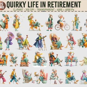 May include: A set of 25 watercolour clip art images showing elderly women in retirement. The illustrations depict women engaged in leisure activities like reading, painting, and cycling. The colour palette includes soft pastels and vibrant hues.