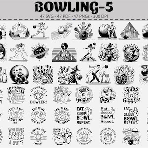 Bowling SVG Bundle 47 Designs with PNG and PDF Files for Cricut Silhouette Sports Strike Pins Ball Retro Clipart Bowling Shirt Graphics