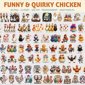 Puede incluir: Una colección de 90 ilustraciones de pollos extravagantes en varias poses y estilos. Las imágenes presentan pollos con gafas, lazos y otros accesorios. El texto en la parte superior dice "FUNNY & QUIRKY CHICKEN".