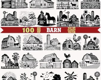 May include: A collection of 100 black and white vector illustrations featuring various barn designs, farm landscapes, windmills, silos, and farm animals like horses, goats, cows, and roosters. The image includes the text 100 BARN SVG PNG PDF.