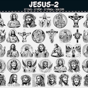 Pode incluir: Uma coleção de 37 ilustrações em preto e branco de Jesus Cristo em várias poses e estilos. As imagens incluem representações de Jesus com um halo, na cruz e com outros símbolos religiosos. O texto "JESUS-2" está no topo.