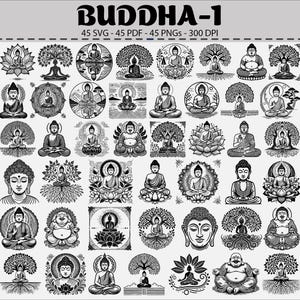 May include: A collection of 45 black and white Buddha illustrations in various styles. The images include seated Buddhas, Buddha heads, and Buddhas within circular and square frames, some with lotus flowers and trees. The text "BUDDHA-1" is at the top.