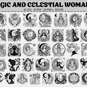 Celestial Woman Clipart Bundle: Boho Moon, Stars - 36 SVG PNG PDF Files
