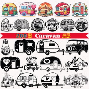Puede incluir: Una colección de ilustraciones de caravanas y autocaravanas con diseños coloridos y en blanco y negro. El conjunto incluye varios remolques de viaje, furgonetas y paisajes de montaña con motivos de corazones y el texto 200 SVG PNG PDF Caravan 300 DPI VECTOR CLIPART.