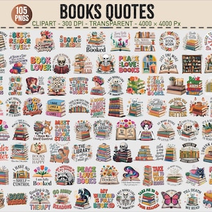 Puede incluir: Una colección de 105 imágenes prediseñadas PNG con citas e ilustraciones sobre libros. Los diseños incluyen pilas de libros, calaveras, elementos florales y varias frases de texto como "Book Lover" y "Peace Love Books". Imágenes transparentes, 4000 x 4000 px.