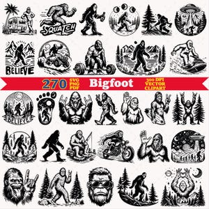 Op de afbeelding: Een verzameling van 270 zwart-wit vectorillustraties met Bigfoot in diverse activiteiten, waaronder motorrijden, gewichtheffen, surfen en interactie met UFO's, met de tekst 270 SVG PNG PDF Bigfoot.