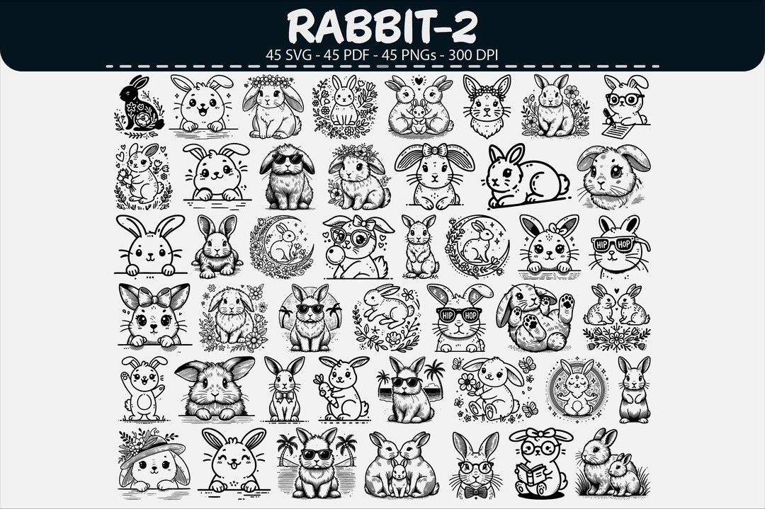 Ink Rabbit Svg Rabbit Vector Illustration Bundle SVG PNG PDF Line Art - Etsy