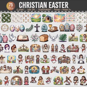 May include: A collection of 75 Christian Easter clipart images. The images include crosses, Easter eggs, doves, Jesus, and other religious symbols. The text "CHRISTIAN EASTER" is at the top.