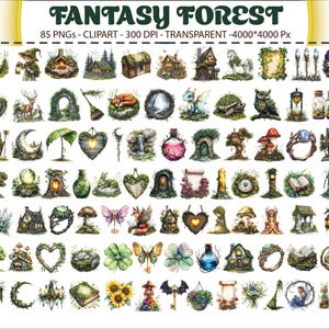 May include: A collection of 85 watercolor clip art images with a fantasy forest theme. The images include houses, animals, plants, and magical objects. The text "FANTASY FOREST" is at the top.