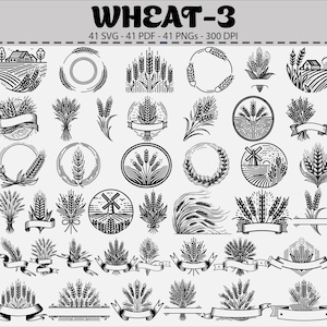 May include: A collection of black and white wheat-themed illustrations. The designs include wheat stalks, wreaths, and farm scenes, with text at the top that reads "WHEAT-3". The image contains 41 SVG, 41 PDF, and 41 PNG files at 300 DPI.