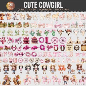Puede incluir: Una colección de elementos de clip art en acuarela con un tema de vaquera. Incluye ilustraciones de vaqueras, caballos, cactus, sombreros de vaquero, botas y otros elementos de temática western. El texto "CUTE COWGIRL" está en la parte superior.