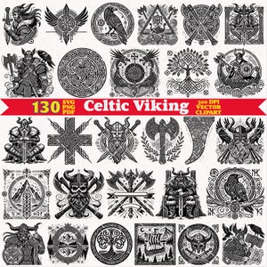 May include: A collection of 130 black and white vector clipart illustrations featuring Celtic and Viking themes, including warriors with swords and axes, longships, ravens, trees of life, and intricate knotwork patterns, with the text 130 SVG PNG PDF Celtic Viking 300 DPI VECTOR CLIPART.