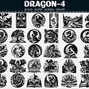 Peut inclure: Une collection d'illustrations de dragons en noir et blanc, dans divers motifs circulaires et rectangulaires. Les motifs incluent des dragons avec des ailes, des châteaux et des paysages. Le texte "DRAGON-4" est en haut, avec des détails techniques.