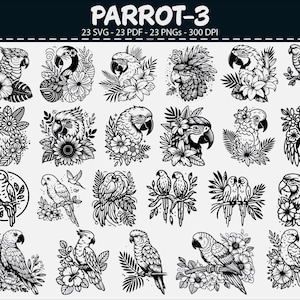 May include: Black and white parrot illustrations with floral and botanical elements. The image includes various parrot designs, some perched on branches, others surrounded by flowers, and some in flight. The text "PARROT-3" is at the top.