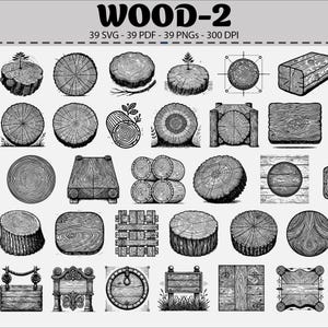 May include: A set of 39 monochrome illustrations featuring various wooden elements, such as log cross-sections, planks, and signs. The image includes the text "WOOD-2" at the top.
