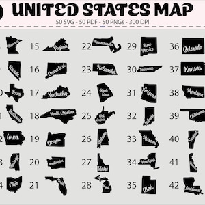 United States Map SVG Bundle – 50 States Silhouette Clipart – 50 Svg 50 Pdf 50 PNG Files – USA Map Outline Vector – 300 dpı Designs