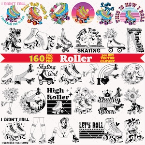 May include: A collection of digital graphic designs featuring roller skates, floral arrangements, legs in fishnet stockings, and text phrases like I Love Roller Skating, High Roller, Skating Queen, and Let's Roll, presented in color and black and white.