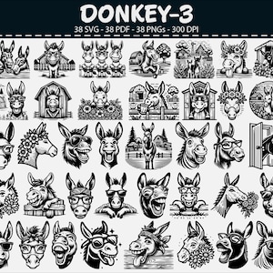 May include: Black and white illustrations of donkeys in various poses, some wearing glasses or flower crowns. The image includes the text "DONKEY-3" and details about the file formats: 38 SVG, 38 PDF, and 38 PNGs at 300 DPI.
