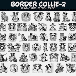May include: Black and white illustrations of Border Collies in various poses and activities. The image includes dogs wearing hats, sunglasses, and playing musical instruments. Text at the top reads "BORDER COLLIE-2".