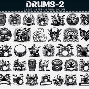 Könnte beinhalten: Eine Sammlung von Schwarz-Weiß-Schlagzeugillustrationen. Die Designs umfassen verschiedene Schlagzeugsets, Schlagzeuger und Schlagzeug-bezogene Grafiken. Das Bild enthält auch den Text "DRUMS-2" oben sowie Informationen zum Dateityp.