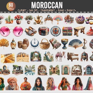 May include: A collection of 60 Moroccan-themed clip art images. The watercolor illustrations include various objects such as plants, accessories, food, and architectural elements. The images are transparent and suitable for digital design projects.