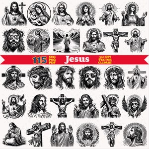 May include: A collection of 115 black and white digital illustrations featuring various depictions of Jesus, including scenes of the crucifixion, portraits with a crown of thorns, and figures with halos. The text 115 Jesus 300 DPI SVG PNG PDF is visible.