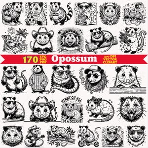 May include: A collection of 170 black and white vector illustrations featuring opossums in various poses, including wearing sunglasses, hats, sweaters, and holding items like pizza, flowers, and a guitar, with the text 170 Opossum 300 DPI VECTOR CLIPART.