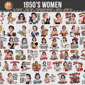 Paquete de imágenes prediseñadas de mujeres de los años 50: Conjunto PNG de amas de casa retro (descarga digital)
