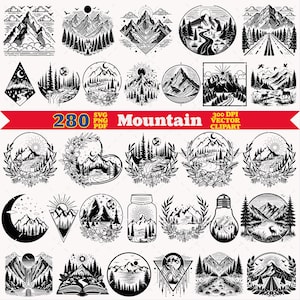 May include: A collection of 280 black and white vector clipart designs featuring mountain landscapes, forests, rivers, and celestial elements. The graphics include various shapes like circles, triangles, and hearts, with text reading 280 SVG PNG PDF Mountain.