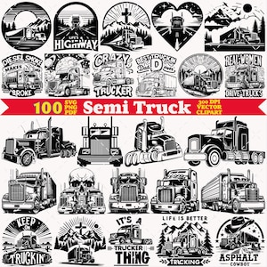 以下が含まれることがあります： セミトラック、山岳風景、および「Life's Highway」、「Crazy Trucker」、「Asphalt Cowboy」などのテキストフレーズを特徴とする100種類の白黒ベクタークリップアートデザインのコレクション。グラフィックには、さまざまなトラックの角度とスタイルが含まれています。