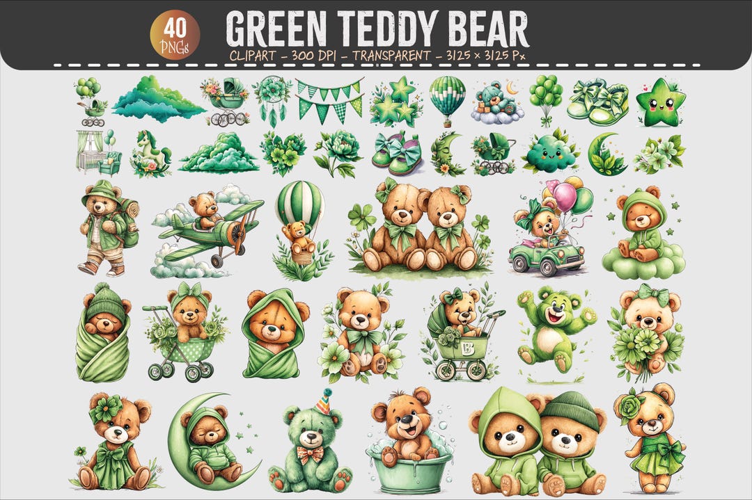 Teddy Bear Clipart Bundle – 40 PNG Baby Nursery Green Bear Set 300 DPI ...