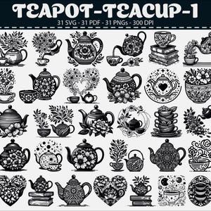 Könnte beinhalten: Schwarz-Weiß-Illustrationen von Teekannen und Teetassen mit floralen und dekorativen Designs. Das Bild enthält den Text "TEAPOT-TEACUP-1" und Details zu den Dateitypen und der Auflösung.