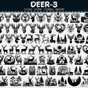 Puede incluir: Una colección de 73 diseños de ciervos en blanco y negro en formatos SVG, PDF y PNG. Los diseños incluyen siluetas de ciervos, cabezas de ciervos y escenas de la naturaleza con ciervos. El texto "DEER-3" está en la parte superior.