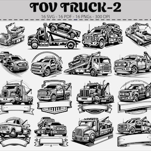 Puede incluir: Ilustraciones en blanco y negro de grúas de remolque en varios diseños. La imagen incluye el texto "TOV TRUCK-2" en la parte superior, junto con detalles del formato de archivo. Las grúas de remolque se muestran transportando diferentes vehículos.