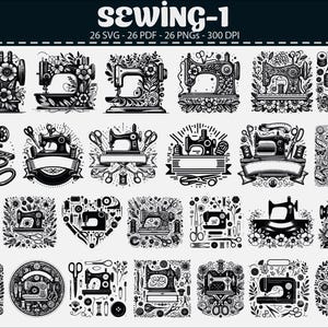 May include: A collection of black and white sewing machine illustrations in various designs. The designs include floral elements, ribbons, and sewing tools. The text "SEWING-1" is at the top, along with file type information.