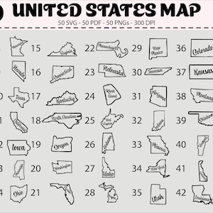 United States Map Bundle | SVG PNG Pdf | USA State Outlines and Names | Digital Download for Cricut and Design Projects, Svg, Png, Pdf