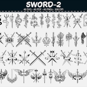 May include: A collection of black and white sword illustrations, each with unique designs including floral, winged, and ribbon motifs. The image is labelled "SWORD-2" and specifies file types: 40 SVG, 40 PDF, 40 PNGs, and 300 DPI.