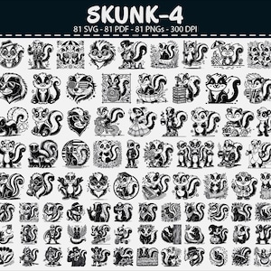 Peut inclure: Une collection de 81 illustrations de moufettes en noir et blanc, dans diverses poses et styles. L'image comprend le texte "SKUNK-4" en haut, ainsi que des détails sur les formats de fichiers et la résolution.