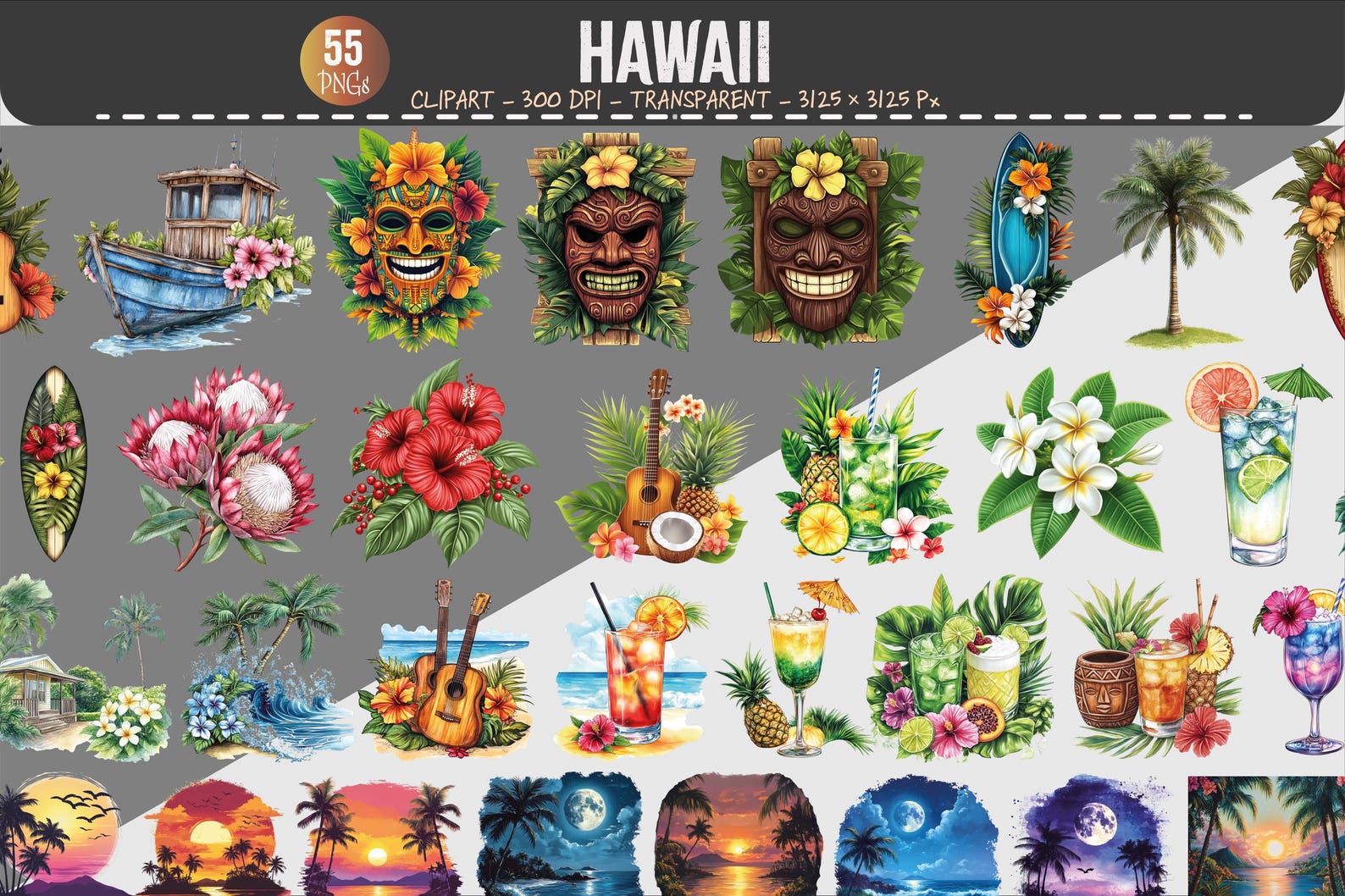 Hawaii Tropical Clipart Set | 55 PNG Island Summer Elements | 300 DPI ...
