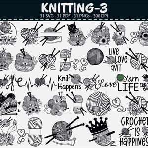 May include: Black and white illustrations of knitting and crochet designs. The image includes yarn balls, needles, hearts, baskets, and text such as "Live Love Knit" and "Crochet is Happiness". The title "KNITTING-3" is at the top.