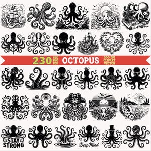 May include: A collection of black and white octopus illustrations featuring various designs including octopuses with pirate ships, treasure chests, crowns, hats, glasses, and floral patterns, with the text 230 OCTOPUS SVG PNG PDF.