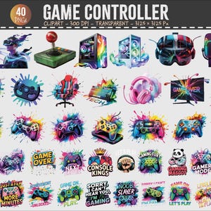Op de afbeelding: Een verzameling van 40 kleurrijke game controller clipart afbeeldingen. De afbeeldingen bevatten game controllers, headsets, gaming pc's en tekst zoals "Game Over" en "Console Kings". De afbeeldingen zijn in een aquarel stijl.
