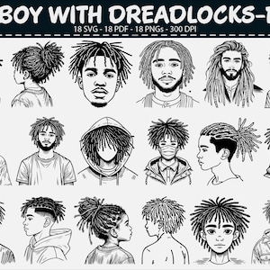 May include: Black and white illustrations of various young people with dreadlocks. The images include portraits and side profiles, some wearing hoodies or face masks. The text "BOY WITH DREADLOCKS-1" is at the top, along with file type and DPI information.