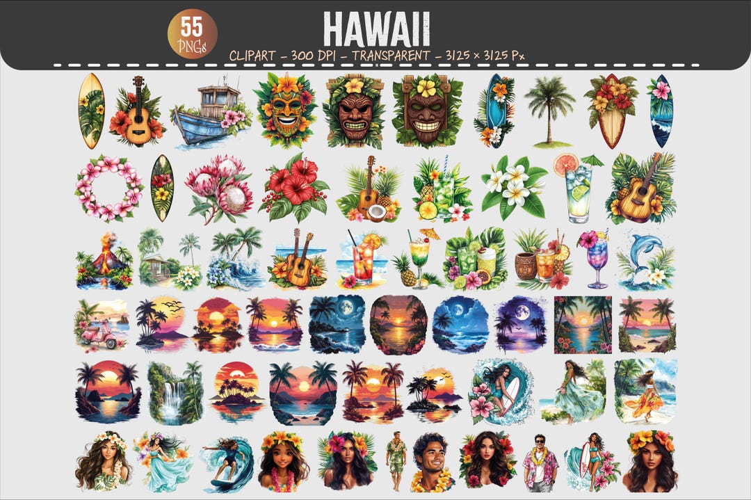 Hawaii Tropical Clipart Set | 55 PNG Island Summer Elements | 300 DPI ...