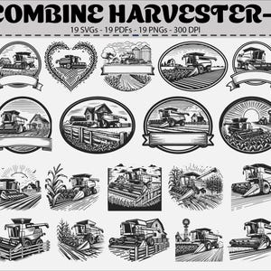 Puede incluir: Ilustraciones en blanco y negro de cosechadoras en diversos entornos, como campos y granjas. Las imágenes tienen un estilo vintage, con pancartas y marcos circulares. El texto "COMBINE HARVESTER-1" se encuentra en la parte superior.