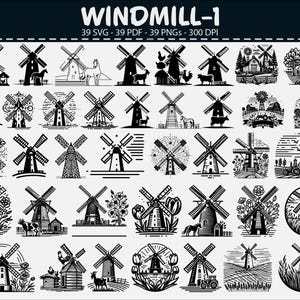 Puede incluir: Una colección de 39 ilustraciones de molinos de viento en blanco y negro, con formatos SVG, PDF y PNG, y una resolución de 300 DPI. El texto "WINDMILL-1" está incluido. Los diseños presentan diversos estilos de molinos, algunos con animales de granja y paisajes rurales.