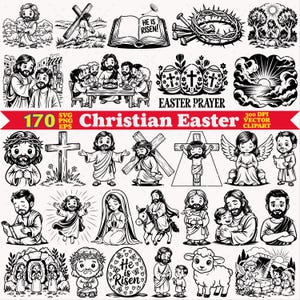 Könnte beinhalten: Eine Sammlung schwarz-weißer christlicher Osterillustrationen mit Jesus, Kreuzen, Lämmern, Engeln und Eiern. Der Text umfasst 'HE IS RISEN!', 'EASTER PRAYER' und '170 Christian Easter 300 DPI VECTOR CLIPART' auf einem roten Banner.