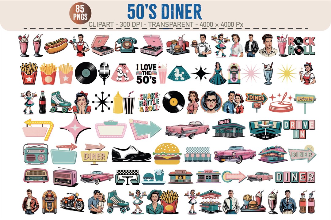 50s Diner Clipart Bundle: Retro Rockabilly PNG Set (digital Download ...
